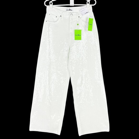 Sam Edelman Womens 90's Wide Leg Sequins Embroidered White Denim Jeans Sz 28 NWT - Picture 1 of 13